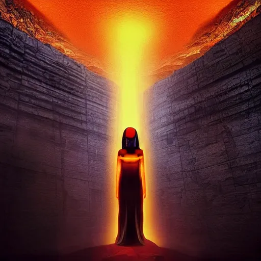 Prompt: a large, dark cave, underground, in egypt, the floor is steep and at the end there is an abyss, above the abyss floats a huge head of an egyptian figure of nefertiti, it is all orange and has a divine aura megalophobia, digital art, synthwave, artstaion