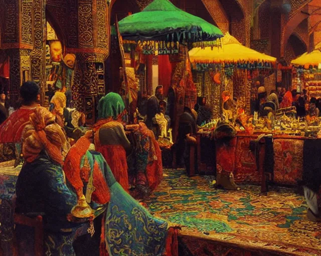 Image similar to an oil painting in the style of orientalism of dragons on display in a dragon auction in the grand bazaar of isfahan by edwin lord weeks, trending on artstation