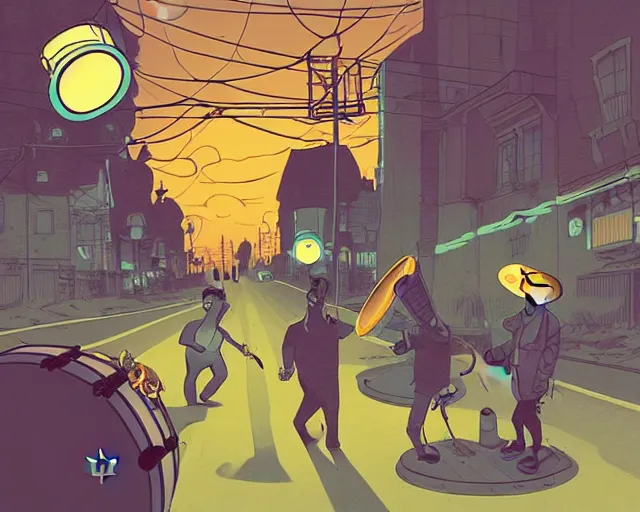 Image similar to a study of cell shaded cartoon of a two man band playing a microKorg synthesizer and drums floating above a country road, street lamps, road, illustration, wide shot, subtle colors, post grunge, concept art by josan gonzales and wlop, by james jean, Victo ngai, David Rubín, Mike Mignola, Laurie Greasley, highly detailed, sharp focus, Trending on Artstation, HQ, deviantart, art by artgem