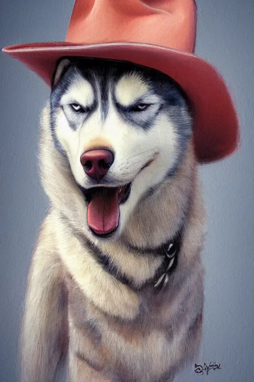 Image similar to a portrait painting of a husky in cowboy costume, wearing a cowboy hat, by studio ghibli, [ western film ], humanoid, personify, anthropomorphic, trending on artstation