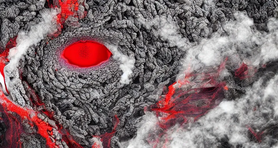 Image similar to a volcano made of ivory vines and crimson rocks enters in eruption, it spits a smoke in the shape of demonic eye, by a 8 years old kid,