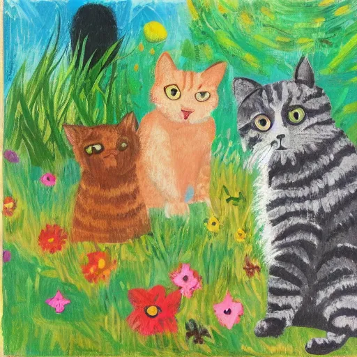 Prompt: a bay play with a cat and a dog in a garden with a mother acrylic paint