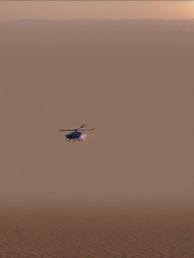 Prompt: a helicopter flying over a sand hills covered in dust, desert environment, extremely detailed matte painting by jeremy geddes, close up, featured on cg society, video art, reimagined by industrial light and magic, anamorphic lens flare, # vfxfriday