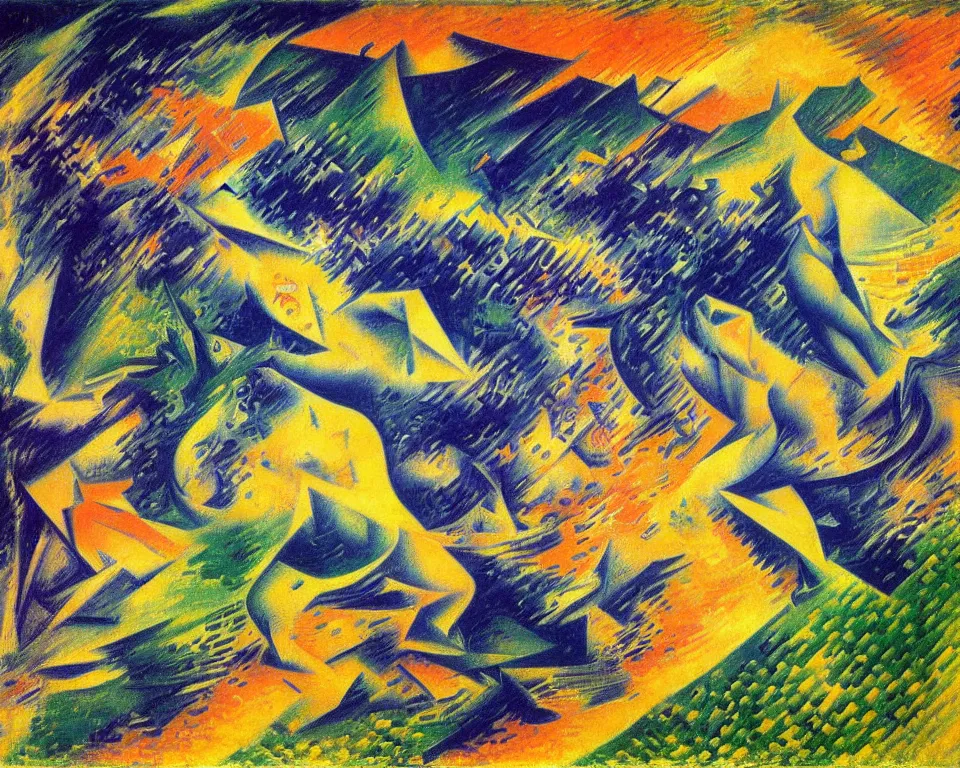 Prompt: a monsoon by umberto boccioni. detailed, proportional, romantic, enchanting, achingly beautiful, graphic print, trending on artstation, jungle, tropical, foliage