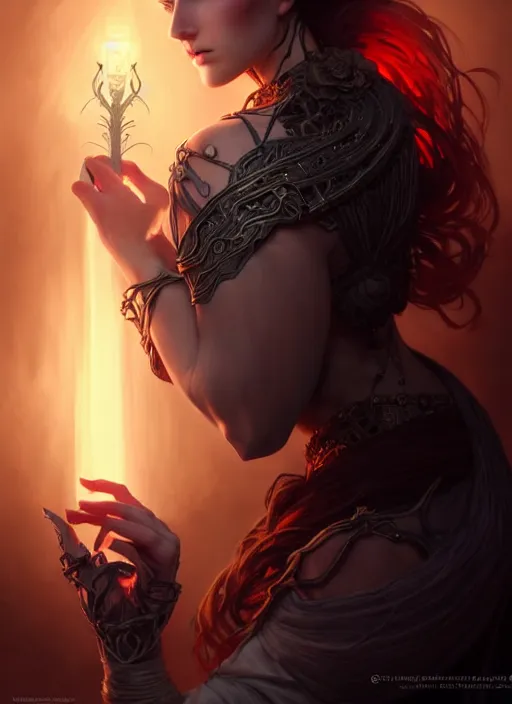 Image similar to Necromancer Sorceress, fantasy magic, undercut hairstyle, dark light night, intricate, elegant, sharp focus, illustration, highly detailed, digital painting, concept art, matte, art by WLOP and Artgerm and Greg Rutkowski and Alphonse Mucha, masterpiece