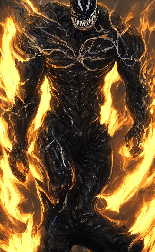 Prompt: venom as ghost rider, dynamic lighting, photorealistic fantasy concept art, trending on art station, stunning visuals, terrifying, creative, cinematic