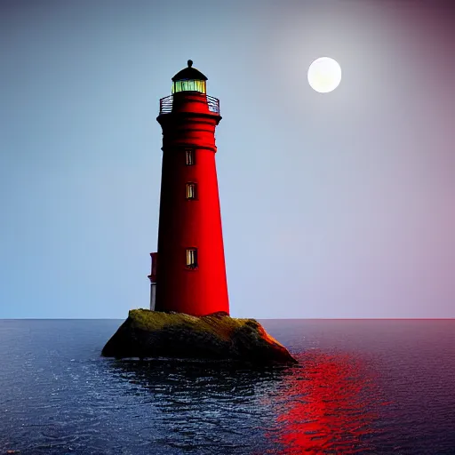 Prompt: lonely lighthouse in a moon shaped pool, style by ayvazovsky and stanley kubrick, cinematic lighting, more details, hyper realistic, red moon n - 5 s - 1 5 0