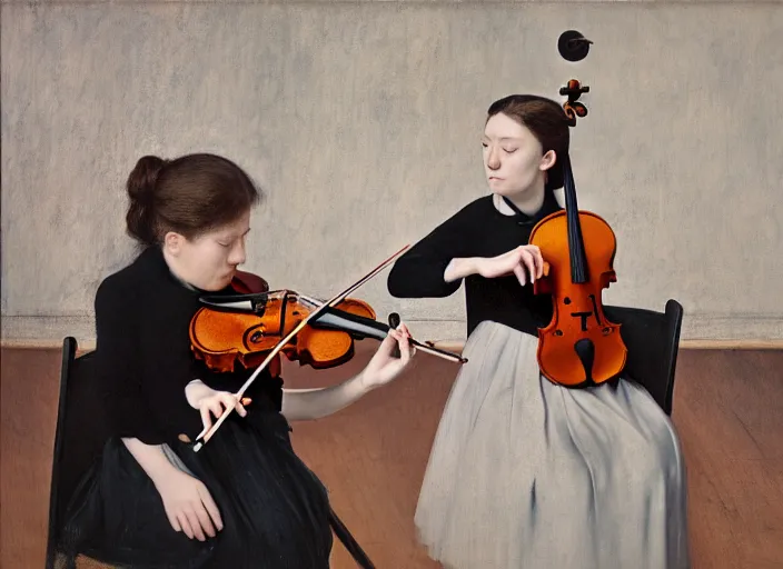 Prompt: two young violin players getting ready to perform and looking into the camera, francis bacon and pat steir and hilma af klint and james jean, psychological, photorealistic, intriguing details, rendered in octane, altermodern