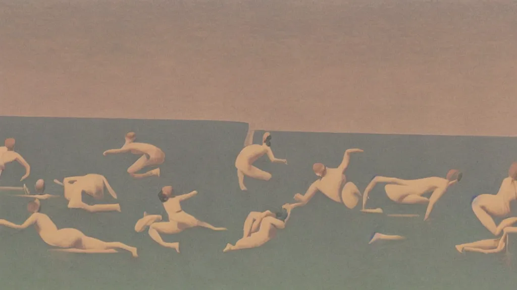 Image similar to A vintage scientific illustration from the 1970s of humans in a line endlessly jumping into a lake by René Magritte