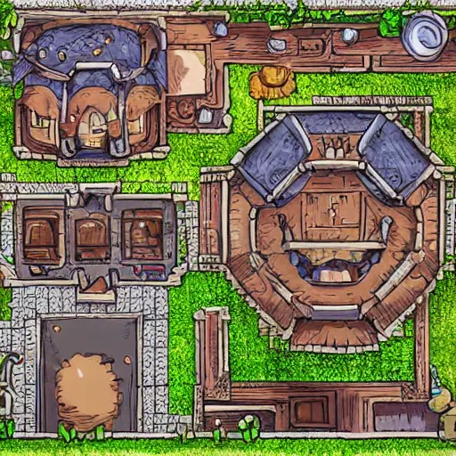 Image similar to A detailed vector art presenting an aerial view of a cartoonish tavern by dungeondraft, Patreon content, contaning tables and walls, HD, straigth lines, dnd map , map patreon, fantasy maps, foundry vtt, fantasy grounds, aerial view ,dungeondraft , tabletop, inkarnate, dugeondraft, roll20