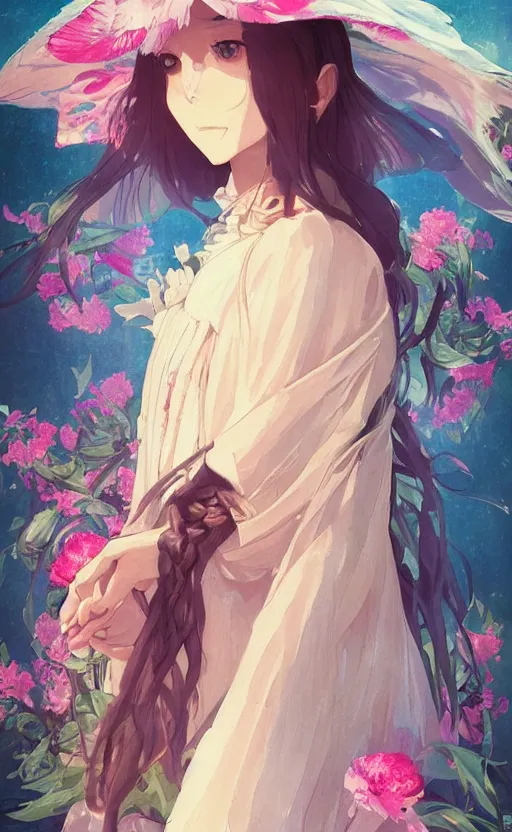 Image similar to bestselling movie poster, official media,a cinematic beautiful closeup moment of saying goodbye wearing boho poncho and sunhat with peonies, full body portrait and simple form, brutal shapes, shaman, pixiv, 1970s fashion, official anime media, cinematic lighting, artstation consept artwork by doja cat, charlie bowater, waterhouse, ,greg rutkowski, wong kar wai