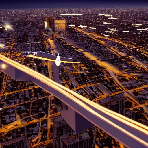 Prompt: sofia vassilieva soaring above los angeles at night, with the lacma lights visible down below, trending on artstation