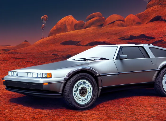 Image similar to wide view shot of a new car for 2 0 3 2 with offroad tires installed. style by petros afshar, christopher balaskas, goro fujita, and rolf armstrong. car design by delorean motor company and land rover.