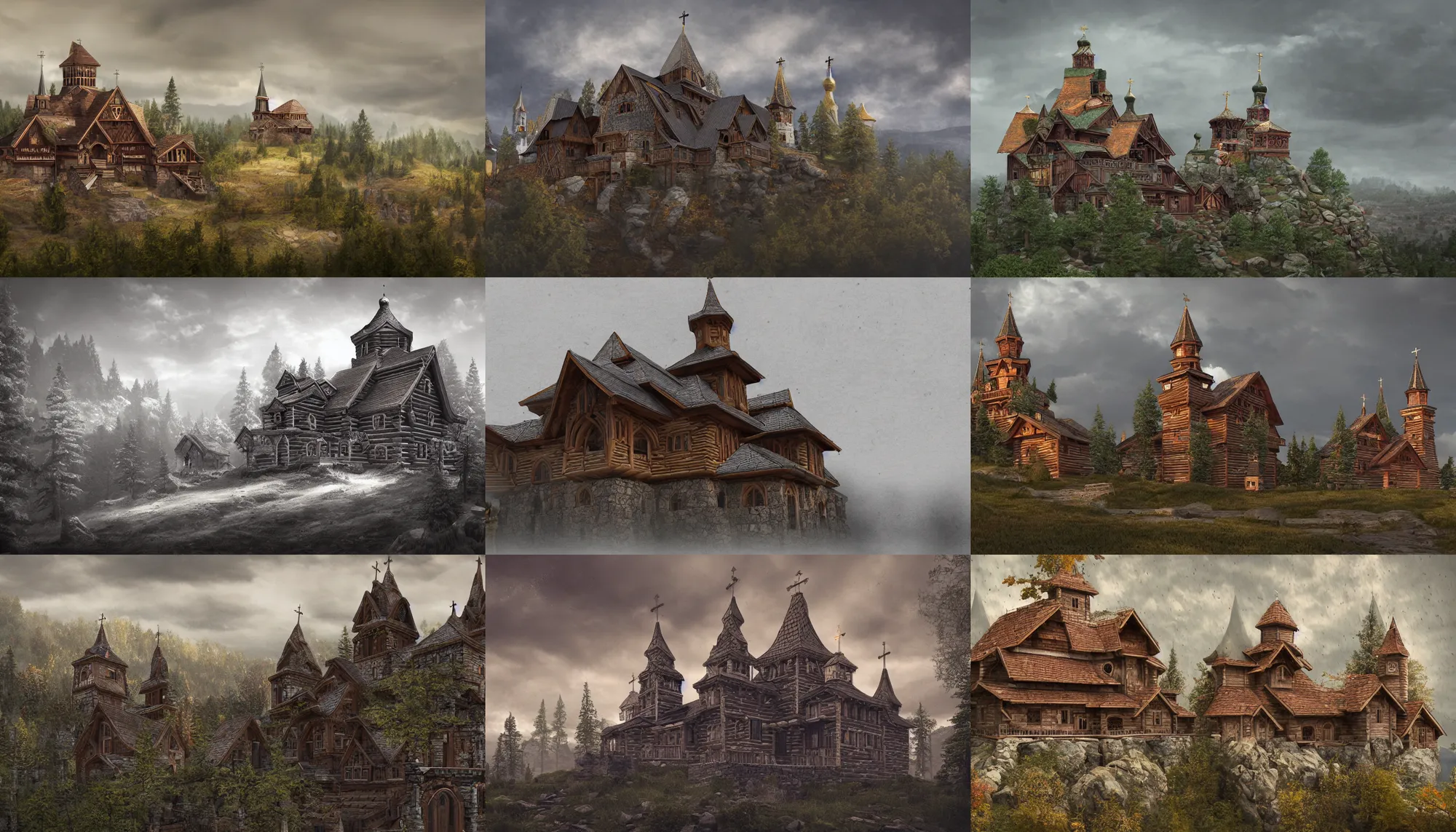 Image similar to tall castle enclosed palisaded, with christian wooden churches and domes on them, log houses built on hills, slavic, russian, slovenian, tartarian architecture, gray skies, hyper - detailed, artstation, cgsociety, 8 k