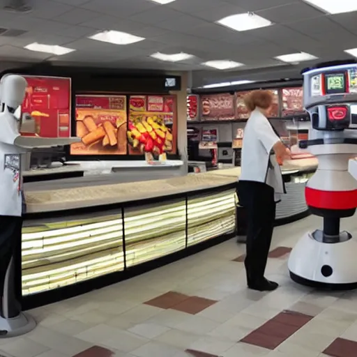 Image similar to futuristic fast food store robots