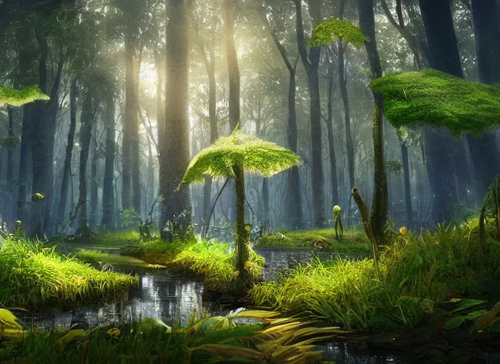 Prompt: luminescent forest biome that looks like a movie shot by pixar, ultra detailed, fantasy, hyper realism, art, smooth, beautiful art, masterpiece, landscape, cinematic, wet reflections, ray tracing x, rtx, smooth