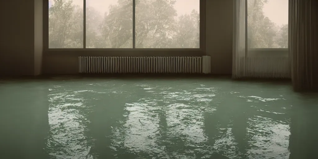 Image similar to kodak portra 4 0 0 photographic and realistic, 7 0 s living room, detailed, octane render, unreal engine, 4 k, artstation, hyper realistic, wide angle, floor flooded, how a river, objects that float, 3 5 mm, sharp focus, soft light, volumetric light fog, in the style of gregory crewdson