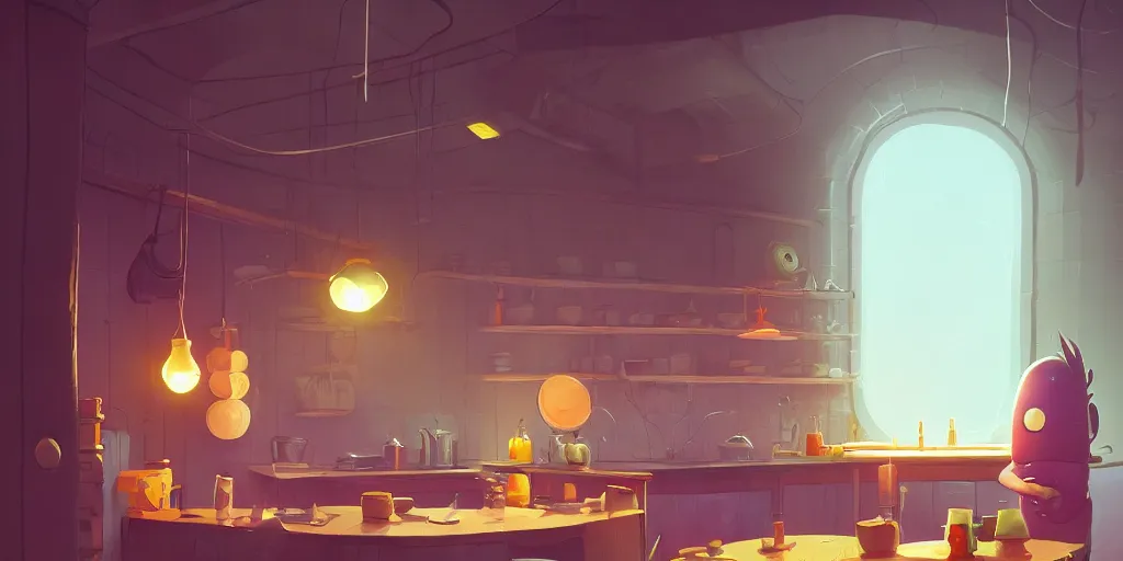 Image similar to cute solitary kitchen dim lit by a candle ripped physique simon stalenhag gerald brom bastien grivet by greg rutkowski, game background fisheye lens, low angle, day of the tentacle, 3 point perspective