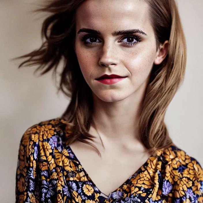 Image similar to a portrait of Emma Watson wearing batik dress, by Charlotte Grimm, natural light, detailed face, CANON Eos C300, ƒ1.8, 35mm, 8K, medium-format print