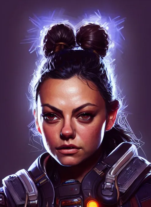 Image similar to portrait of apex legends mila kunis, intricate, elegant, glowing lights, highly detailed, digital painting, artstation, glamor pose, concept art, smooth, sharp focus, illustration, art by artgerm and greg rutkowski, artey freytag