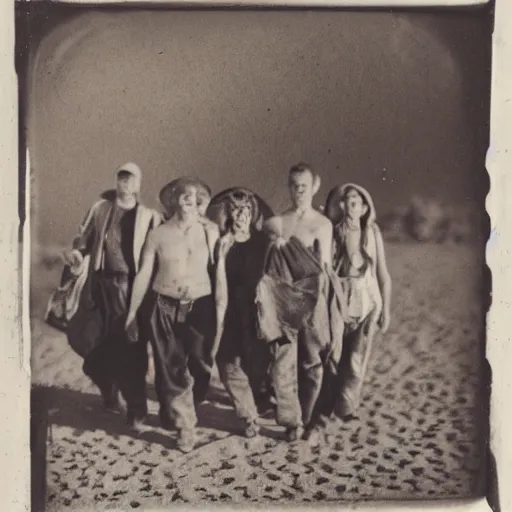 Image similar to group of worn down youths walking through nevada desert, carrying bindles, 2 0 3 7 tintype photograph