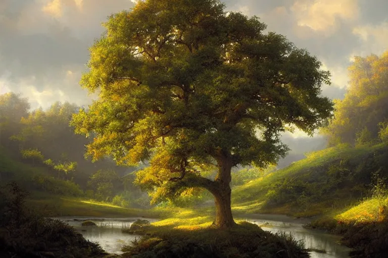 Prompt: masterpiece painting of oak trees on a hillside overlooking a creek, dramatic lighting, by tyler edlin