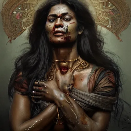 Image similar to portrait painting of a black muscular bloodied indian middle aged woman doing push ups, sari, ultra realistic, concept art, intricate details, eerie, horror, highly detailed, photorealistic, octane render, 8 k, unreal engine. art by artgerm and greg rutkowski and alphonse mucha
