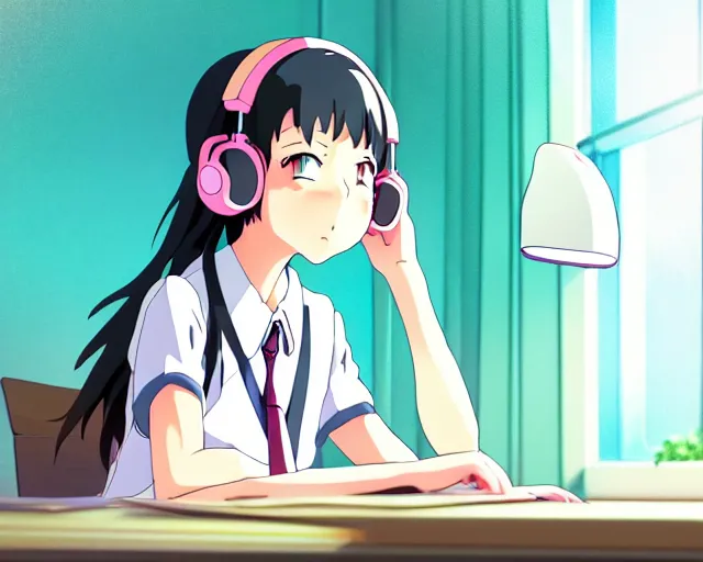 Image similar to anime fine details portrait of joyful school girl in headphones studying near monitor in her room at the table, evening, lamp, lo-fi, open window, dark city landscape on the background deep bokeh, profile close-up view, anime masterpiece by Studio Ghibli. 8k, sharp high quality anime