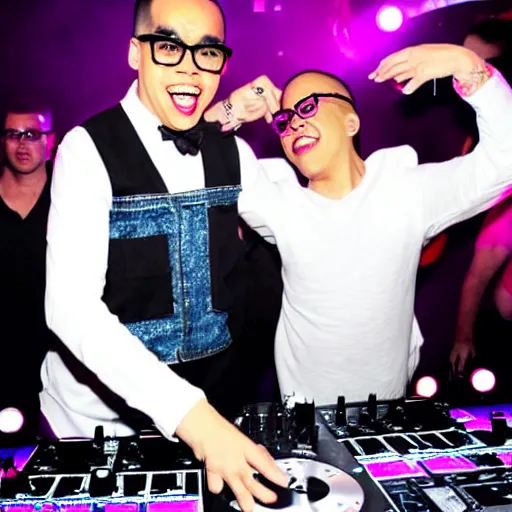 Prompt: a white cockapoo and gok wan djing in a nightclub