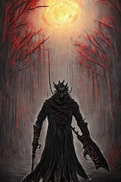 Image similar to bloodborne werewolf oil painting, horror, lovecraftian horror, bloody, pools of blood, reflecting