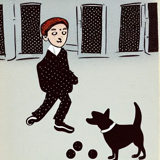 Image similar to book illustration of a french boy on the streets of paris playing football against a corgi, the dog is wearing a polka dot scarf, 1 9 6 6