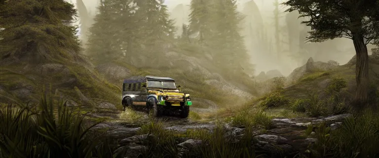 Prompt: Land Rover Defender 110 (1985), The Elder Scrolls V: Skyrim, Riften, The Rift, an epic fantasy, living flora, spriggans, humanoid flora, green floral energy going through spriggans, wooden forest spirits, dramatic lighting, cinematic, establishing shot, extremely high detail, photorealistic, cinematic lighting, artstation, by simon stalenhag