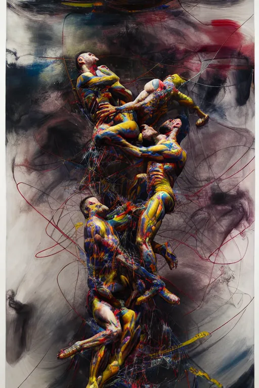 Image similar to muscular men entwined together, floating in space, zero gravity, inside a brutalist space ship, gothic, rich deep colours, painted by francis bacon, adrian ghenie, james jean and petra cortright, part by gerhard richter, part by jenny saville, part by takato yamamoto. 8 k masterpiece