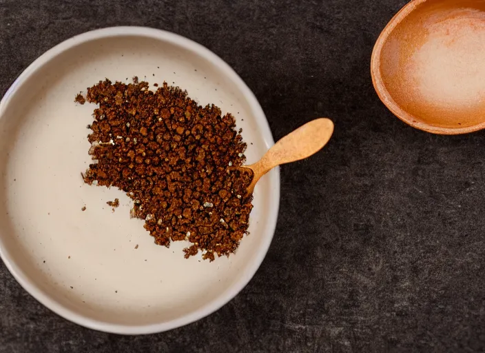 Prompt: dslr food photograph of a a bowl filled with rusty nails and milk with a spoon placed on the table next to it, 8 5 mm f 1. 8