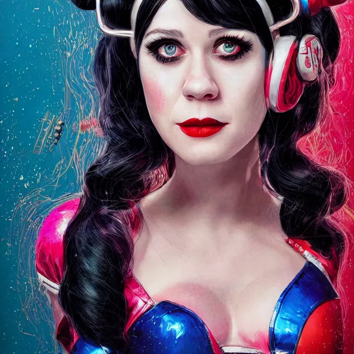 Image similar to portrait of Zooey Deschanel as a harley quinn. intricate abstract. intricate artwork. by Tooth Wu, wlop, beeple, dan mumford. octane render, trending on artstation, greg rutkowski very coherent symmetrical artwork. cinematic, hyper realism, high detail, octane render, 8k, iridescent accents