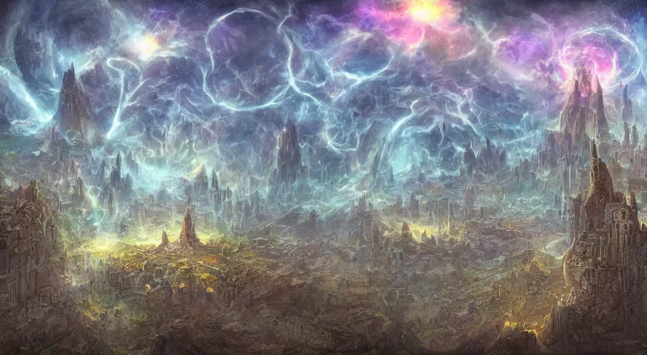 Prompt: tony diterlizzi's beautiful digital painting of sigil, the city of doors, located atop the spire in the outlands. it has the shape of a torus, and the city itself is located on the inner surface of the ring. there is no sky., digital art, volumetric lightning, amazing fantasy art