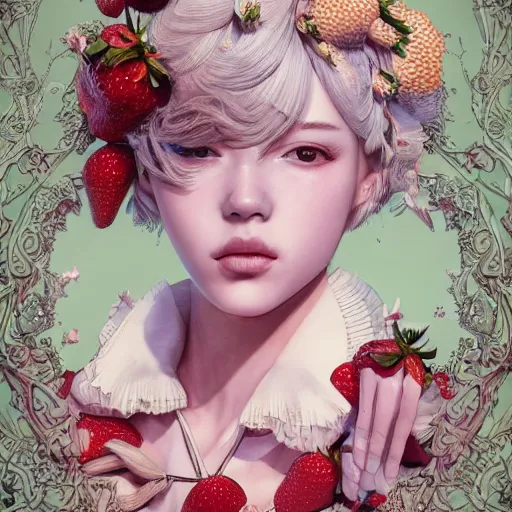 Image similar to the portrait of an absurdly beautiful, graceful, elegant, sophisticated, fashionable young gravure idol made of strawberries and white petals, an ultrafine hyperdetailed illustration by kim jung gi, irakli nadar, intricate linework, bright colors, octopath traveler, final fantasy, unreal engine 5 highly rendered, global illumination, radiant light, detailed and intricate environment