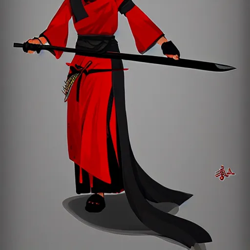 Prompt: female samurai in red and black dress holding a katana, anime style, digital art, artstation, devian art, hd