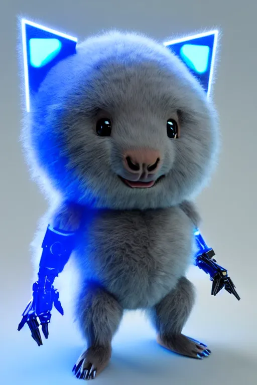 Image similar to high quality 3 d render sci - fi very cute mecha with head of fluffy! wombat!! dancing, highly detailed, unreal engine cinematic smooth, in the style of detective pikachu & blade runner, hannah yata charlie immer, dark blue neon light, low angle, uhd 8 k, sharp focus