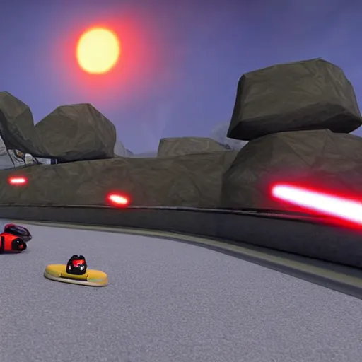 Image similar to still image of darth vader driving in mario kart tour deluxe race, unreal engine 5, 3 d, octane