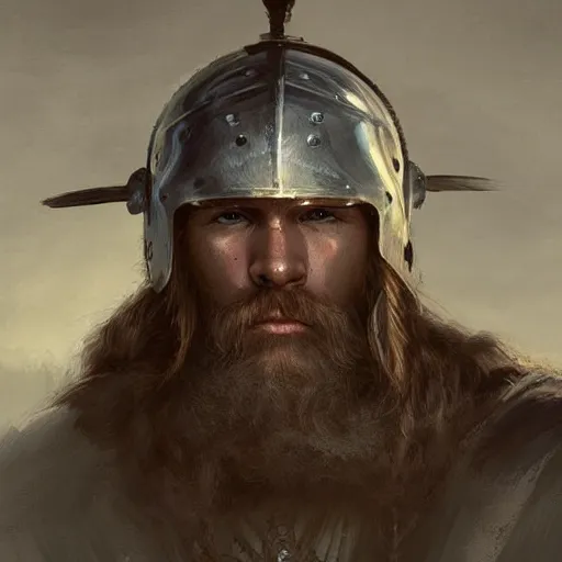 Image similar to a portrait painting of a viking warrior wearing a helmet, digital painting, hyper realistic, nordic mythology, full of details, in the style if greg rutkowski,