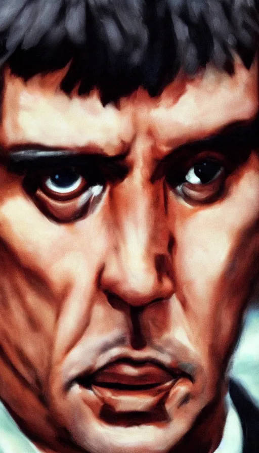 Image similar to close up. perfect symmetric face, coherent symmetric eyes. detailed face. portrait of tony montana from movie scarface. angry face. contrast colors