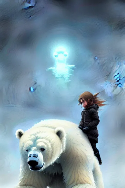 Image similar to comic book cover. giant fluffy polar bear ridden by a small girl by greg rutkowski, trending on artstation