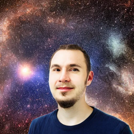 Prompt: portrait of man posing with universe projection texture