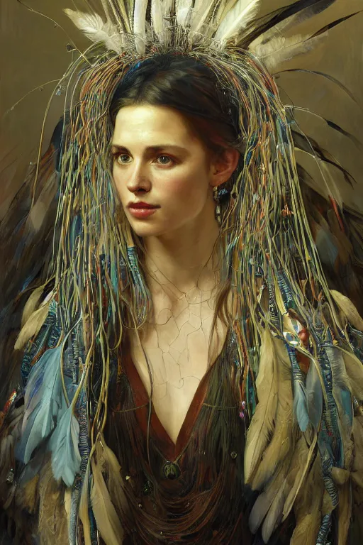 Prompt: hyperrealist portrait of a human with eagle head, it is decorated with long wires and feathers that fall like vines with lots of computer monitors in the background. by jeremy mann and alphonse mucha, fantasy art, photo realistic, dynamic lighting, artstation, poster, volumetric lighting, very detailed faces, 8 k, award winning