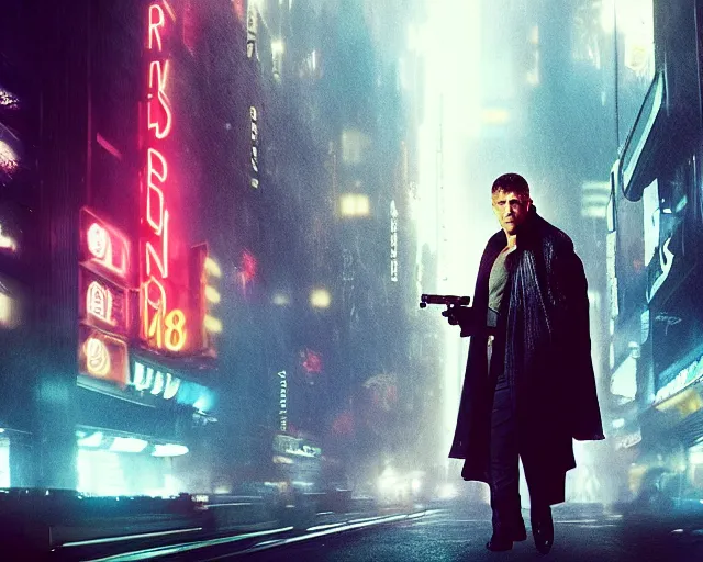 Prompt: 2 0 1 8 blade runner movie still man look at the cityscape from roof perfect face fine realistic face pretty face neon puffy