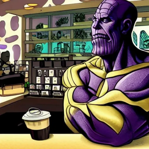 Prompt: thanos working at starbucks, hyperdetailed