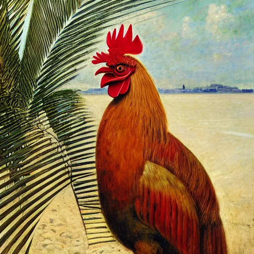 Prompt: a ultradetailed beautiful painting of a rooster in the amazonas palace balustrade designed by jules bastien - lepage, hans belmer, frank weston and gustave baumann, beach, trending on artstation, mediterranean, palm trees, refracted color sparkles, sharp focus, soft light, 8 k 4 k