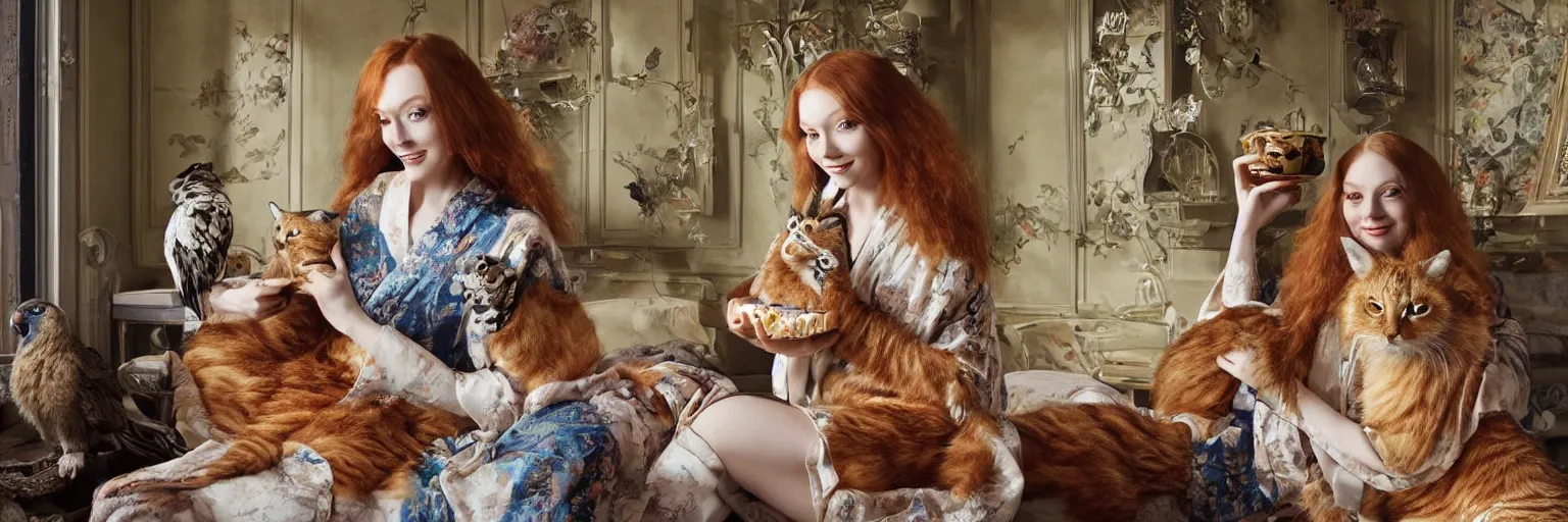 Image similar to a stunning hyper-detailed photorealistic painting of a slender beautiful smiling woman with long ginger hair and bangs, wearing a luxurious silk robe, wearing headphones and posing with her large ginger tabby cat and her raccoon and parrots in an overstuffed easy chair in her sunlit victorian living room, holding a porcelain parrot-shaped coffee mug and a donut, perfect eyes, fashion photography, cinematic lighting, octane render, IBEX Masters, unreal engine, 85 mm lens,