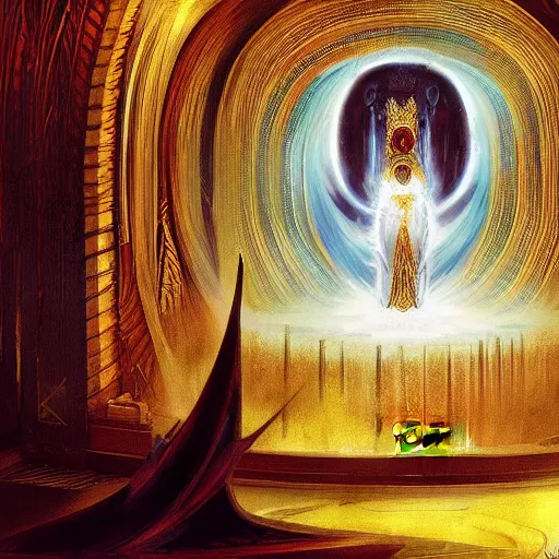 Prompt: terrible abstract seraph emerging from black hole in art deco byzantine throne room, photorealistic concept art by greg rutkowski and anato finnstark and rembrandt